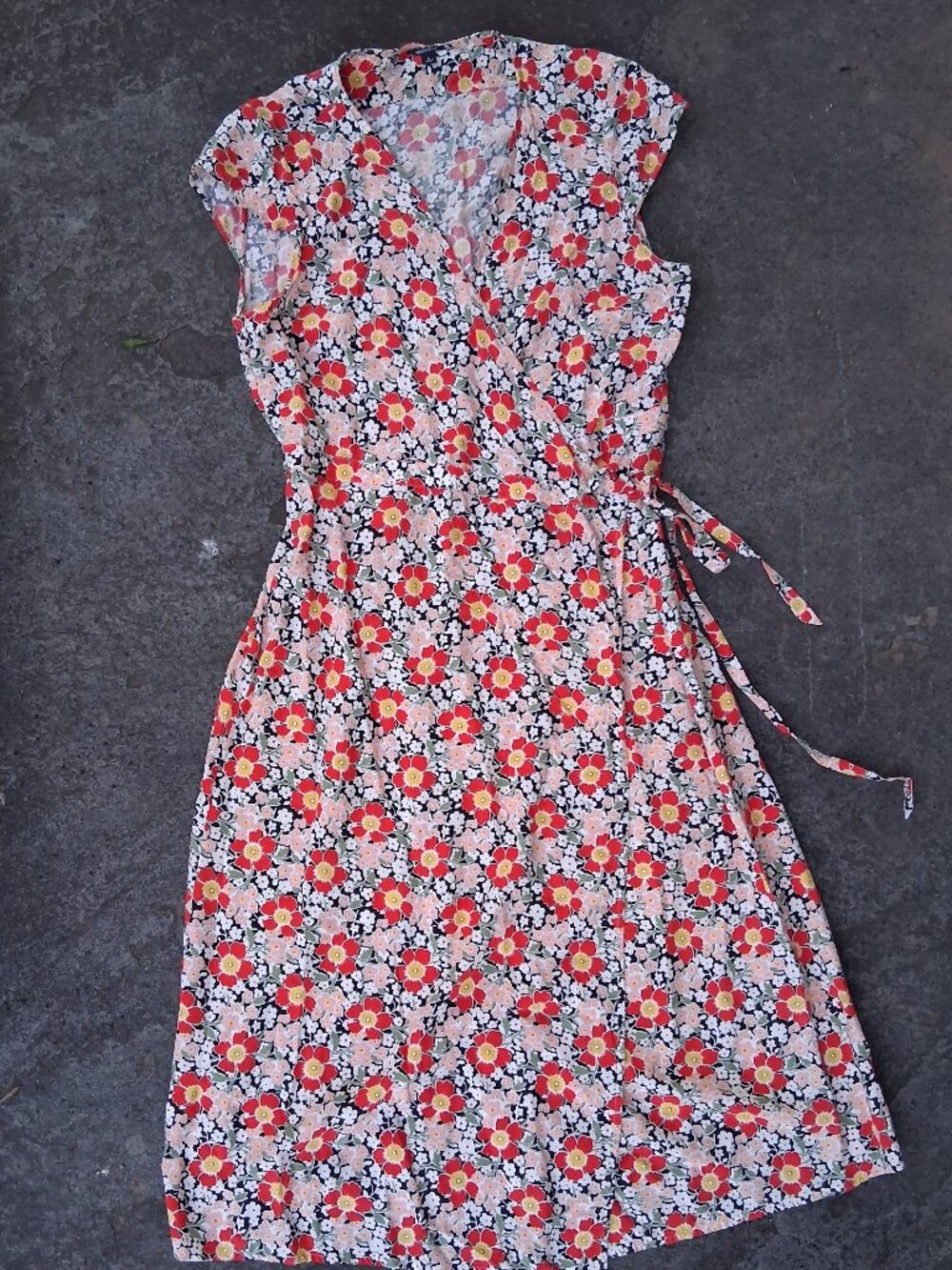 J.Crew Mercantile Large Floral Wrap Midi Dress Red Pink White Cap Sleeve  L